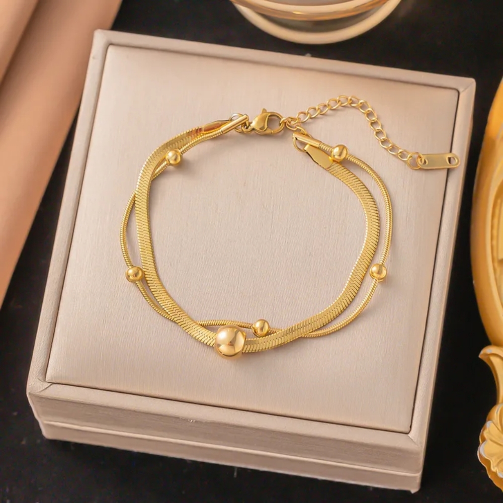 Gold Plated Double Layer Anklet Herringbone Blade Snake Chain Bead Anklet Y2K - Picture 11 of 13
